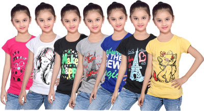 

IndiWeaves Girls Printed Cotton T Shirt(Multicolor, Pack of 7