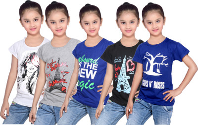 

IndiWeaves Girls Printed Cotton T Shirt(Blue, Pack of 5, Black;blue;grey;white