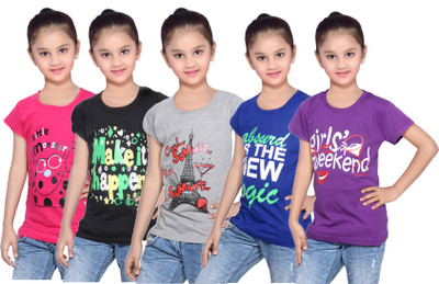 

IndiWeaves Girls Printed Cotton T Shirt(Purple, Pack of 5, Black;blue;grey;pink;purple