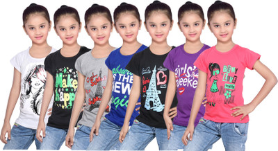 

IndiWeaves Girls Printed Cotton T Shirt(Multicolor, Pack of 7