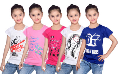 

IndiWeaves Girls Printed Cotton T Shirt(Blue, Pack of 5, Blue;pink;white