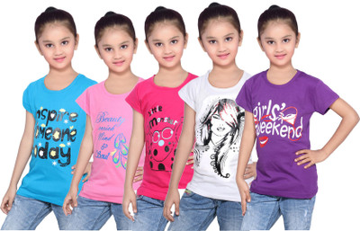 

IndiWeaves Girls Printed Cotton T Shirt(Purple, Pack of 5, Blue;pink;purple;white