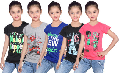 

IndiWeaves Girls Printed Cotton T Shirt(Red, Pack of 5, Black;blue;grey;red