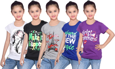 

IndiWeaves Girls Printed Cotton T Shirt(Purple, Pack of 5, Black;blue;grey;purple;white