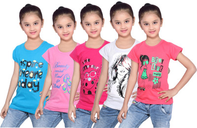 

IndiWeaves Girls Printed Cotton T Shirt(Red, Pack of 5, Blue;pink;red;white
