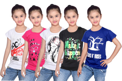 

IndiWeaves Girls Printed Cotton T Shirt(Blue, Pack of 5, Black;blue;pink;white