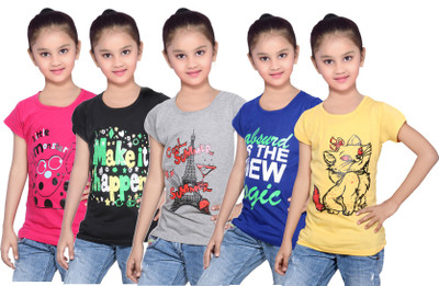

IndiWeaves Girls Printed Cotton T Shirt(Yellow, Pack of 5, Black;blue;grey;pink;yellow