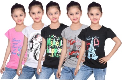 Indistar Girls Printed Cotton Blend Regular T Shirt(Black, Pack of 5)