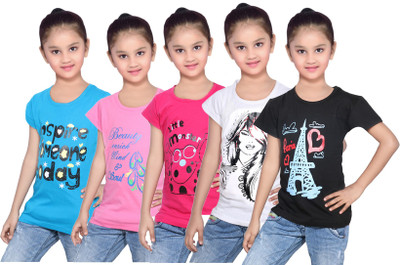 

IndiWeaves Girls Printed Cotton T Shirt(Black, Pack of 5, Black;blue;pink;white
