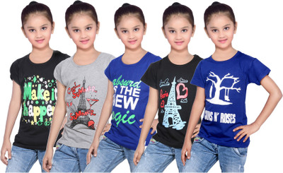 

IndiWeaves Girls Printed Cotton T Shirt(Blue, Pack of 5, Black;blue;grey