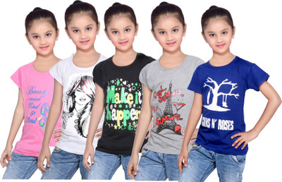 

IndiWeaves Girls Printed Cotton T Shirt(Blue, Pack of 5, Black;blue;grey;pink;white