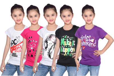 

IndiWeaves Girls Printed Cotton T Shirt(Purple, Pack of 5, Black;pink;purple;white