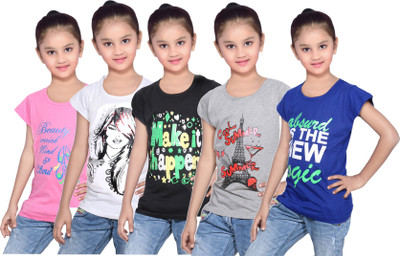 

IndiWeaves Girls Printed Cotton T Shirt(Blue, Pack of 5, Black;blue;grey;pink;white