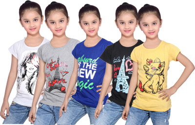 

IndiWeaves Girls Printed Cotton T Shirt(Yellow, Pack of 5, Black;blue;grey;white;yellow