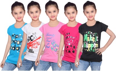 Indistar Girls Printed Cotton Blend Regular T Shirt(Black, Pack of 5)