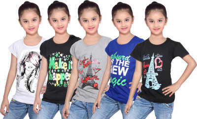 

IndiWeaves Girls Printed Cotton T Shirt(Black, Pack of 5, Black;blue;grey;white