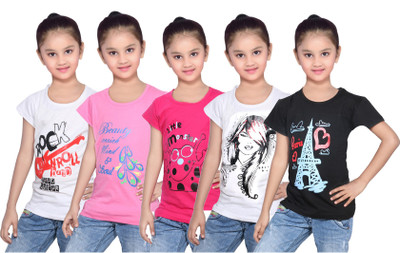 

IndiWeaves Girls Printed Cotton T Shirt(Black, Pack of 5, Black;pink;white