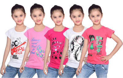

IndiWeaves Girls Printed Cotton T Shirt(Red, Pack of 5, Pink;red;white