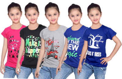 

IndiWeaves Girls Printed Cotton T Shirt(Blue, Pack of 5, Black;blue;grey;pink