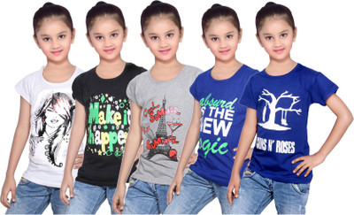 

IndiWeaves Girls Printed Cotton T Shirt(Blue, Pack of 5, Black;blue;grey;white