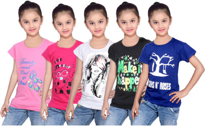 

IndiWeaves Girls Printed Cotton T Shirt(Blue, Pack of 5, Black;blue;pink;white