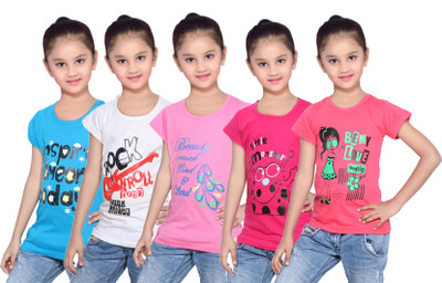

IndiWeaves Girls Printed Cotton T Shirt(Red, Pack of 5, Blue;pink;red;white