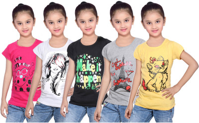 

IndiWeaves Girls Printed Cotton T Shirt(Yellow, Pack of 5, Black;grey;pink;white;yellow