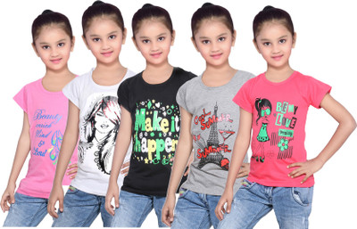 

IndiWeaves Girls Printed Cotton T Shirt(Red, Pack of 5, Black;grey;pink;red;white