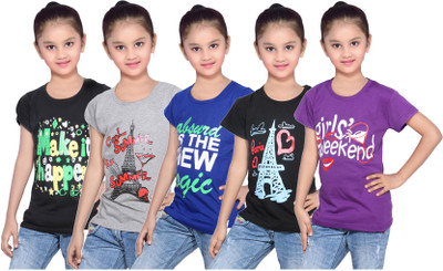 

IndiWeaves Girls Printed Cotton T Shirt(Purple, Pack of 5, Black;blue;grey;purple