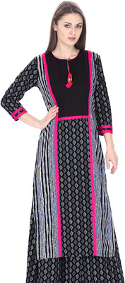 Natty India Women Printed A-line Kurta(Black, Grey)