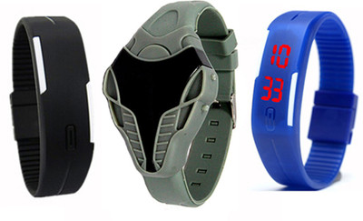 Stealodeal |Combo of 3|Grey Cobra Shape and Blue Black Led Watch - For Boys & Girls