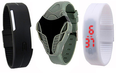 

Stealodeal |Combo of 3|Grey Cobra Shape and White Black Led Watch - For Boys & Girls
