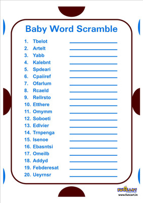 

Funcart Baby Shower words scrabble (pack of 24 cards plus 1 answer sheet)(Multicolor)