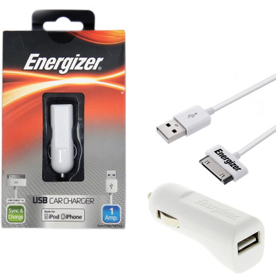 Energizer USB Car Charger 1Amp with MFI Certified 30Pin Data Sync & Charge USB Cable(White)