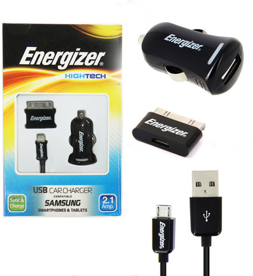 

Energizer Hightech 2.1Amp USB Quick Car Charger with Micro USB & 30 Pin Data Sync and Charge USB Cable(Black)