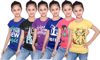

IndiWeaves Girls Printed Cotton T Shirt(Blue, Pack of 6, Black;blue;purple;red;yellow
