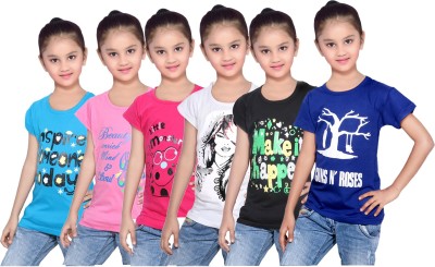 

IndiWeaves Girls Printed Cotton T Shirt(Blue, Pack of 6, Black;blue;pink;white