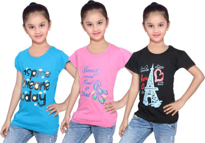 

IndiWeaves Girls Printed Cotton T Shirt(Black, Pack of 3, Black;blue;pink