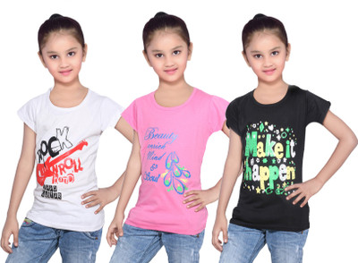 

IndiWeaves Girls Printed Cotton T Shirt(Black, Pack of 3, Black;pink;white