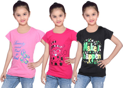 

IndiWeaves Girls Printed Cotton T Shirt(Black, Pack of 3, Black;pink