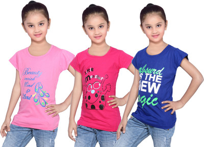 

IndiWeaves Girls Printed Cotton T Shirt(Blue, Pack of 3, Blue;pink