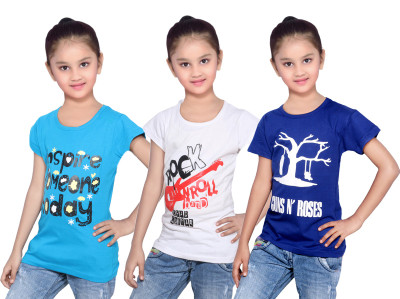 

IndiWeaves Girls Printed Cotton T Shirt(Blue, Pack of 3, Blue;white