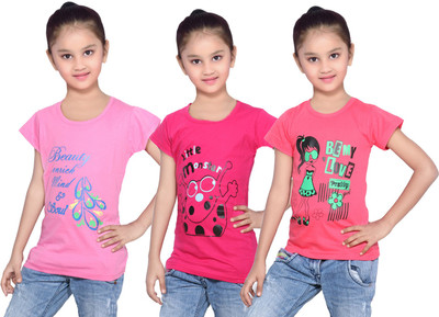 

IndiWeaves Girls Printed Cotton T Shirt(Red, Pack of 3, Pink;red