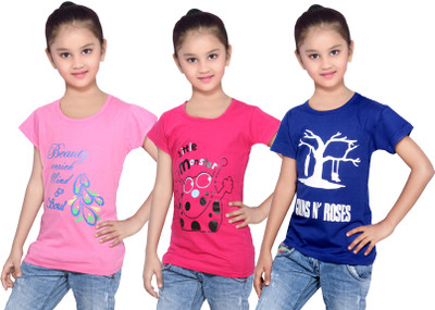 

IndiWeaves Girls Printed Cotton T Shirt(Blue, Pack of 3, Blue;pink
