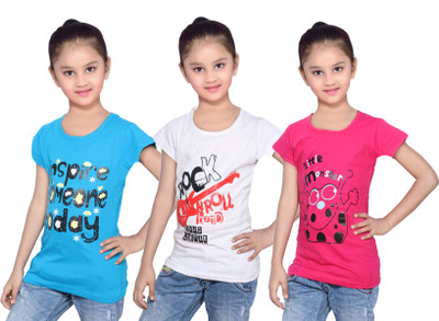 

IndiWeaves Girls Printed Cotton T Shirt(Pink, Pack of 3, Blue;pink;white