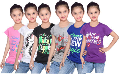 

IndiWeaves Girls Printed Cotton T Shirt(Pink, Pack of 6, Black;blue;grey;pink;purple;white