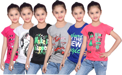 

IndiWeaves Girls Printed Cotton T Shirt(Pink, Pack of 6, Black;blue;grey;pink;red;white