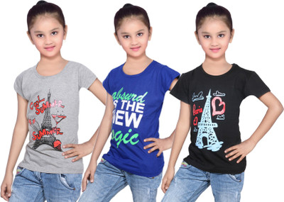 

IndiWeaves Girls Printed Cotton T Shirt(Black, Pack of 3, Black;blue;grey