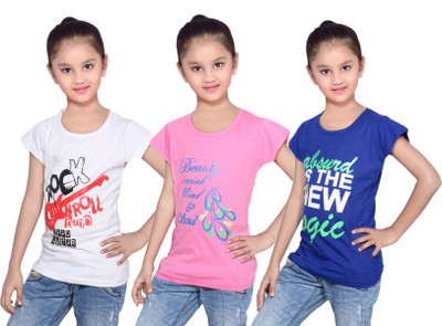 

IndiWeaves Girls Printed Cotton T Shirt(Blue, Pack of 3, Blue;pink;white