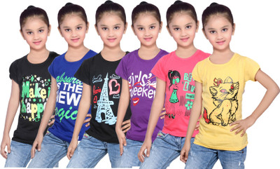 

IndiWeaves Girls Printed Cotton T Shirt(Black, Pack of 6, Black;blue;purple;red;yellow